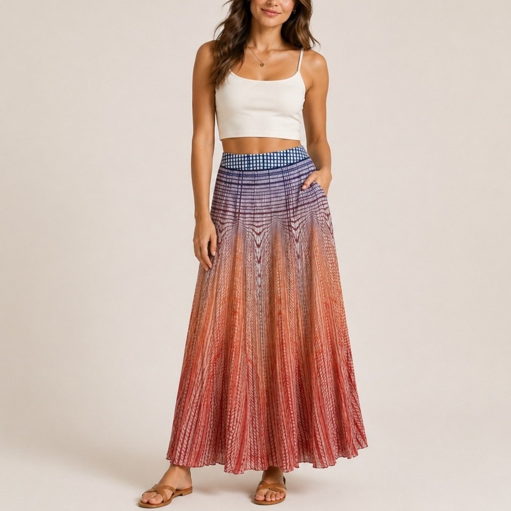 Anthropologie Geisha‎ Designs Dawn Ombre Pleated Maxi Skirt 6 Boho Festival